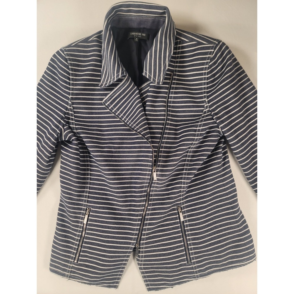 Lafayette 148 New York Striped Moto Jacket Size‎ 10 Asym Zip Raw Hem